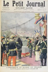 Titelpagina die de keizer van Rusland in Frankrijk toont die de eerste steen legt van Pont Alexandre III, illustratie uit de geïllustreerde bijlage van Le Petit Journal, 18 oktober 1896